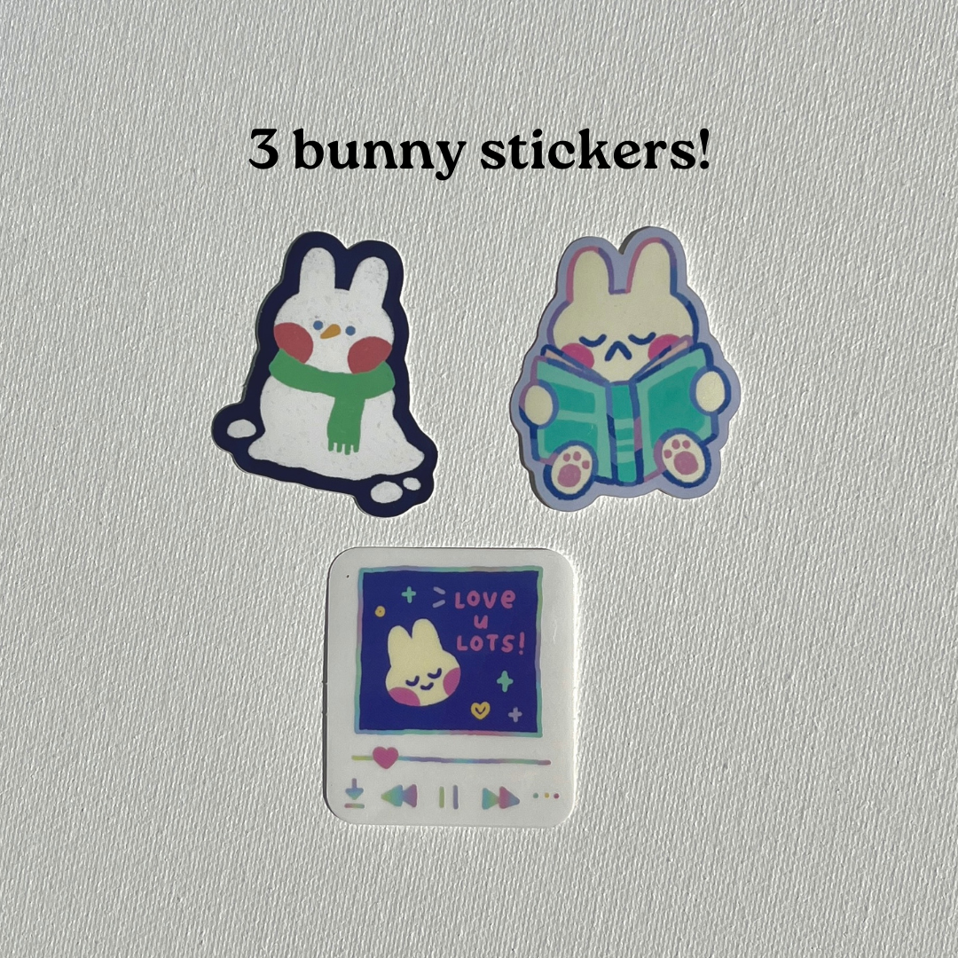 bunny stationery bundle: stickers, bookmark, art print, sticky note pad