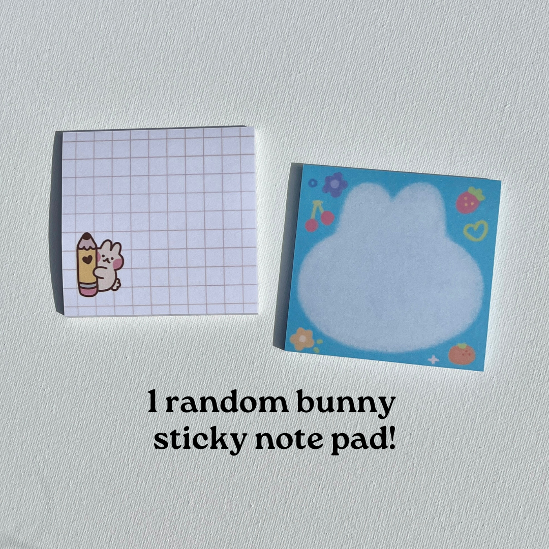 bunny stationery bundle: stickers, bookmark, art print, sticky note pad