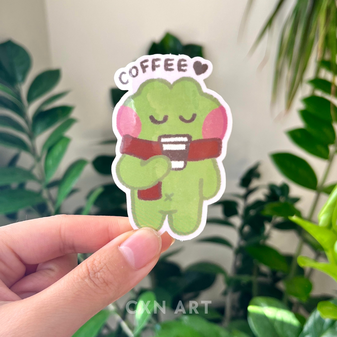 cozy coffee frog glossy sticker