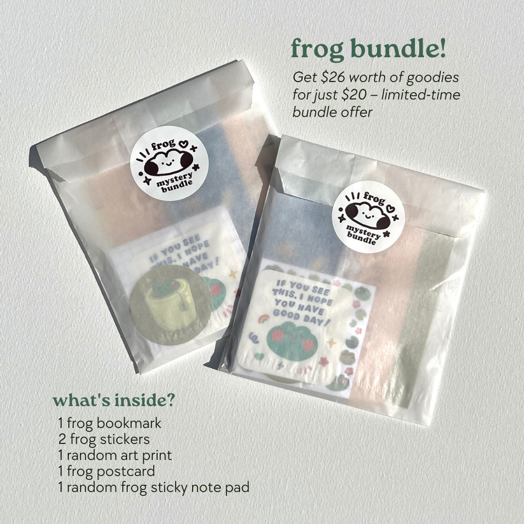 frog themed stationery bundle: bookmark, stickers, art print, postcard, sticky notes