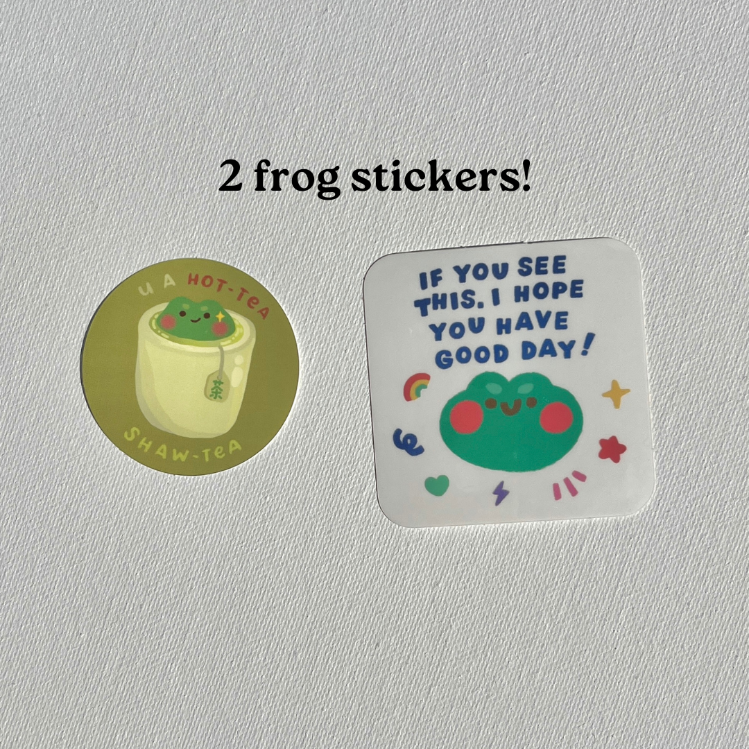 frog themed stationery bundle: bookmark, stickers, art print, postcard, sticky notes
