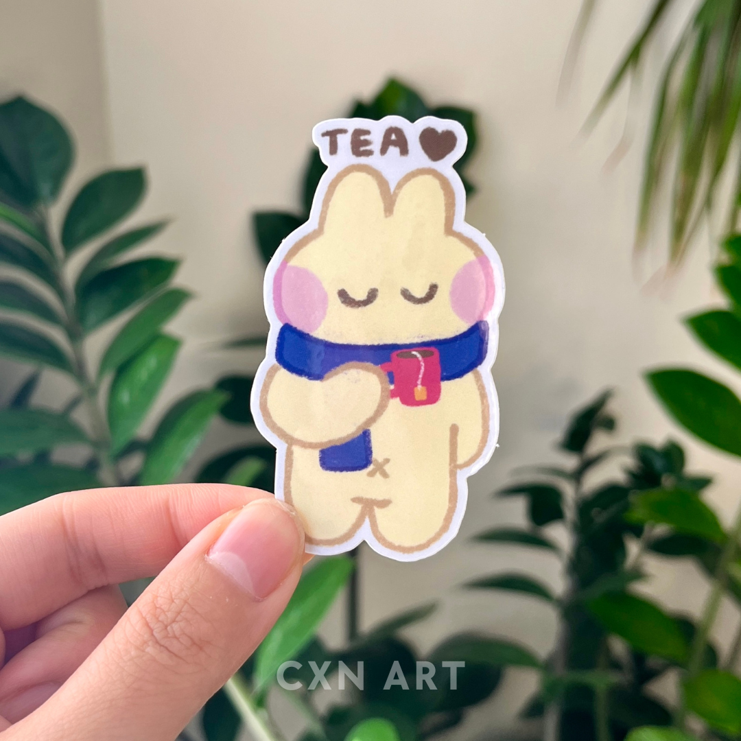 cozy tea bunny glossy sticker