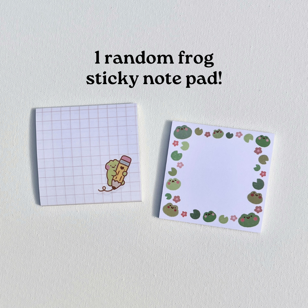 frog themed stationery bundle: bookmark, stickers, art print, postcard, sticky notes