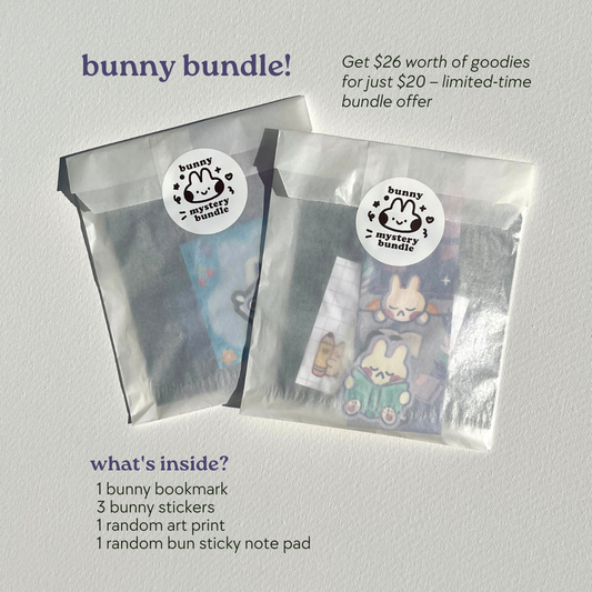 bunny stationery bundle: stickers, bookmark, art print, sticky note pad