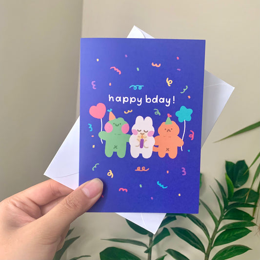 happy birthday card with frog, bunny, and cat