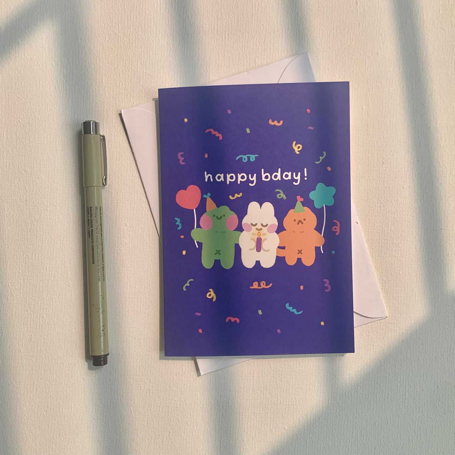 happy birthday card with frog, bunny, and cat