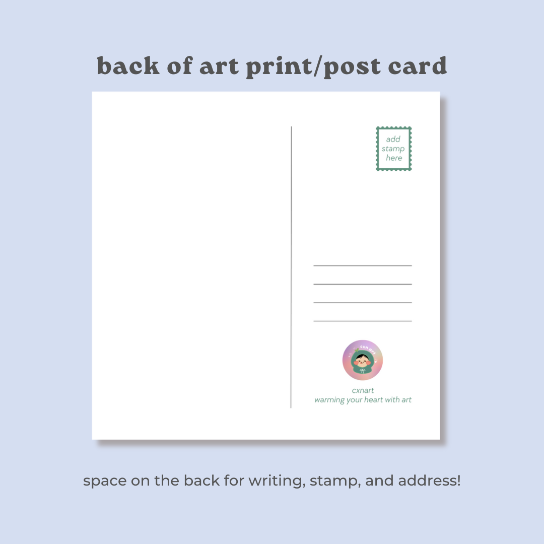 Back of an art print/post card with space for writing, stamp, and address on a light blue background