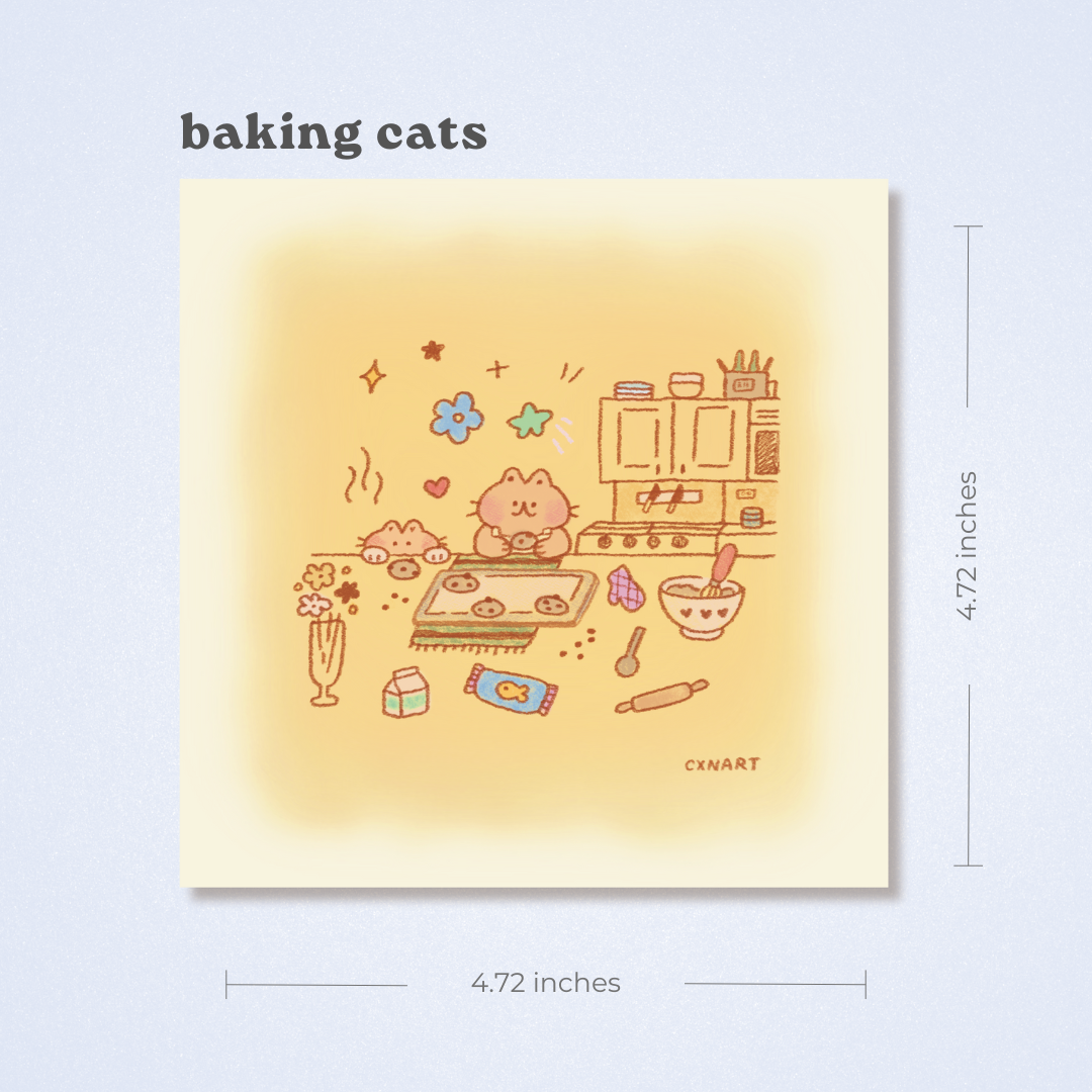 Illustration of two cozy cats baking with measurements and baking items on a warm gradient yellow background