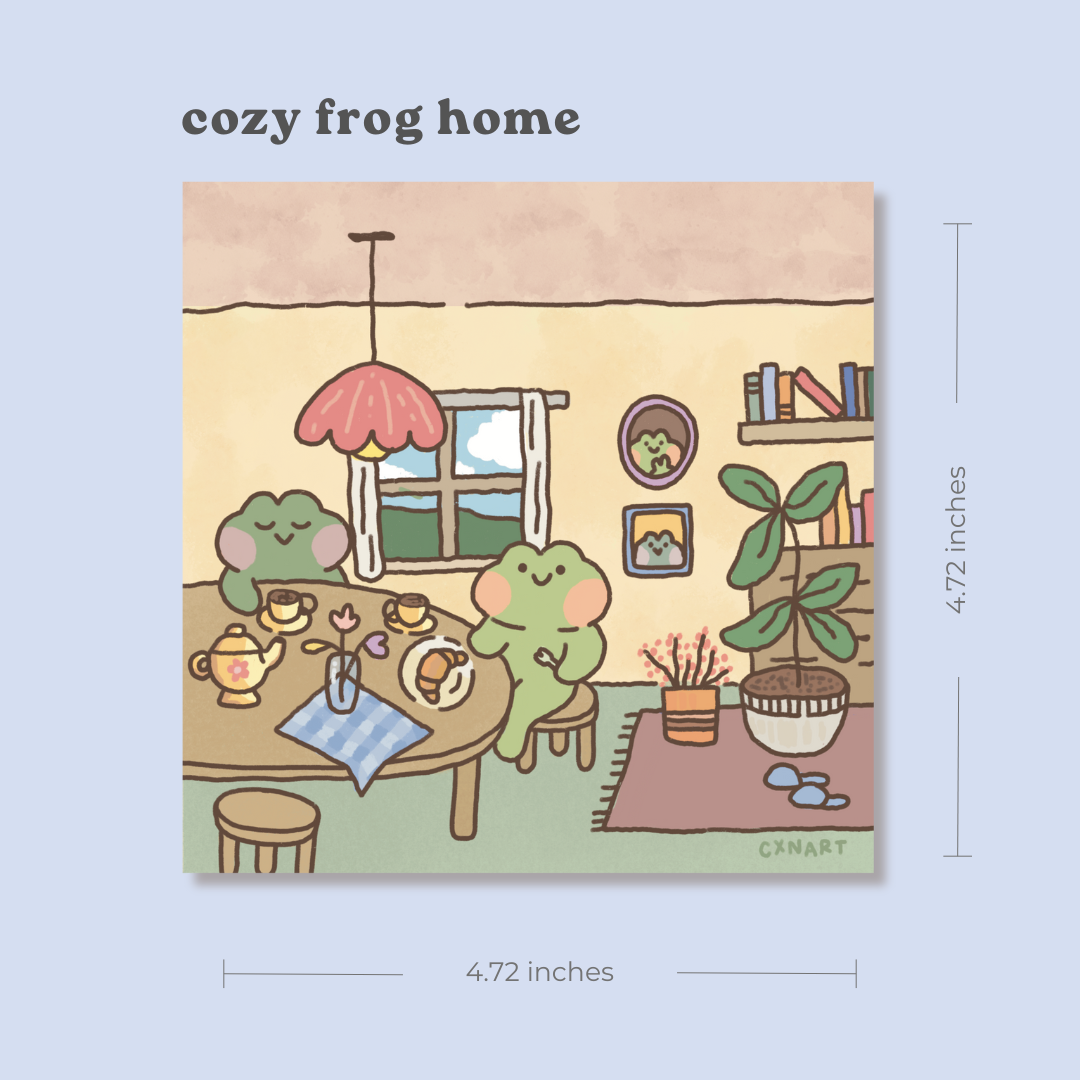 Illustration of two cozy frogs in a home setting enjoying tea and morning breakfast. illustration cxn art.