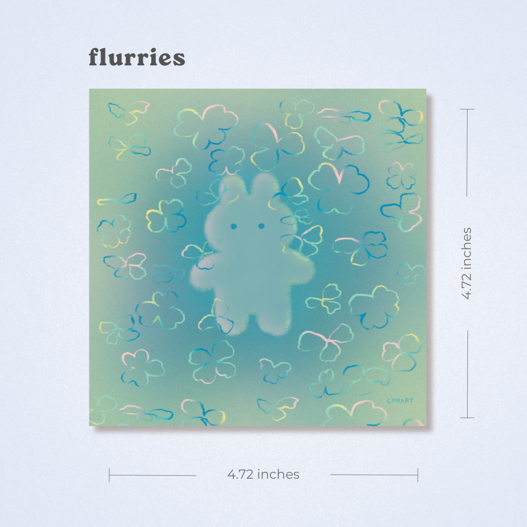 Art print of a bunny with a cloud, butterfly, gradient design illustratino and vignette on a light blue, teal, aquamarine, pistachio pastel background