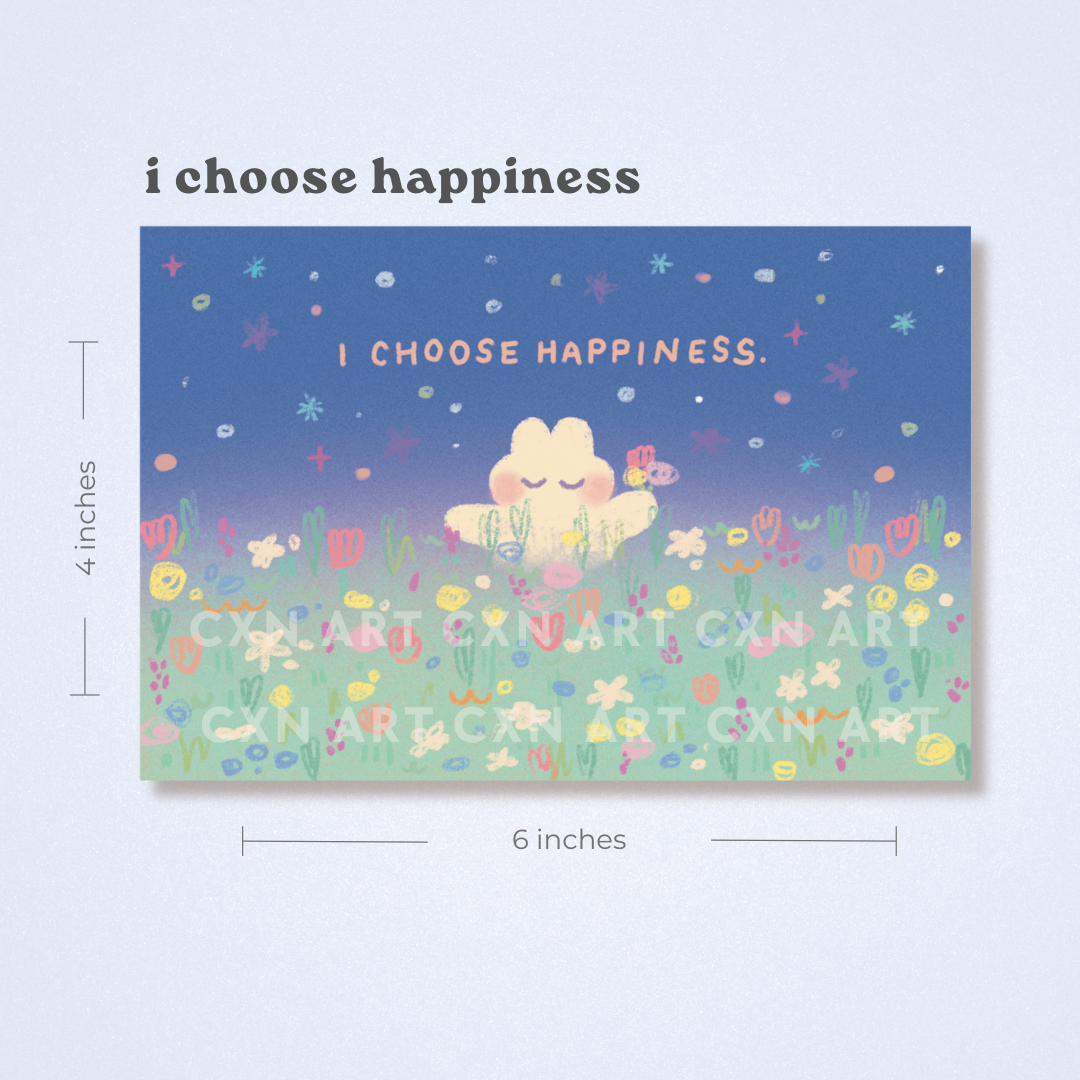 Poster with a fluffy bunny character and 'I choose happiness' text on a colorful background illustrated
