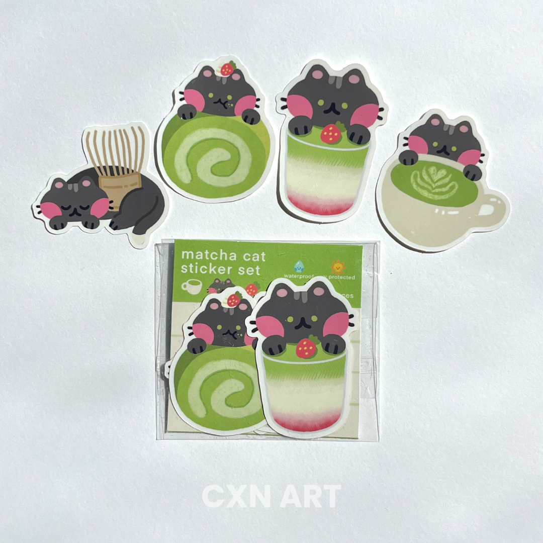 Matcha Black Cat Sticker Set