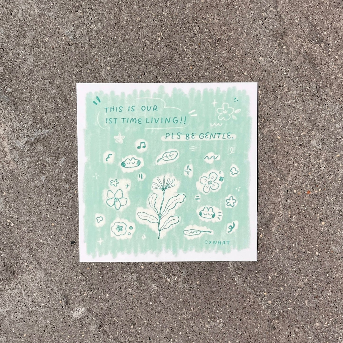 This image features a charming and artistic postcard sized art print titled "our first time living!!". The print, inspired by the theme of new beginnings and compassion, depicts a variety of delicate plants and flowers intertwined with gentle words of advice.