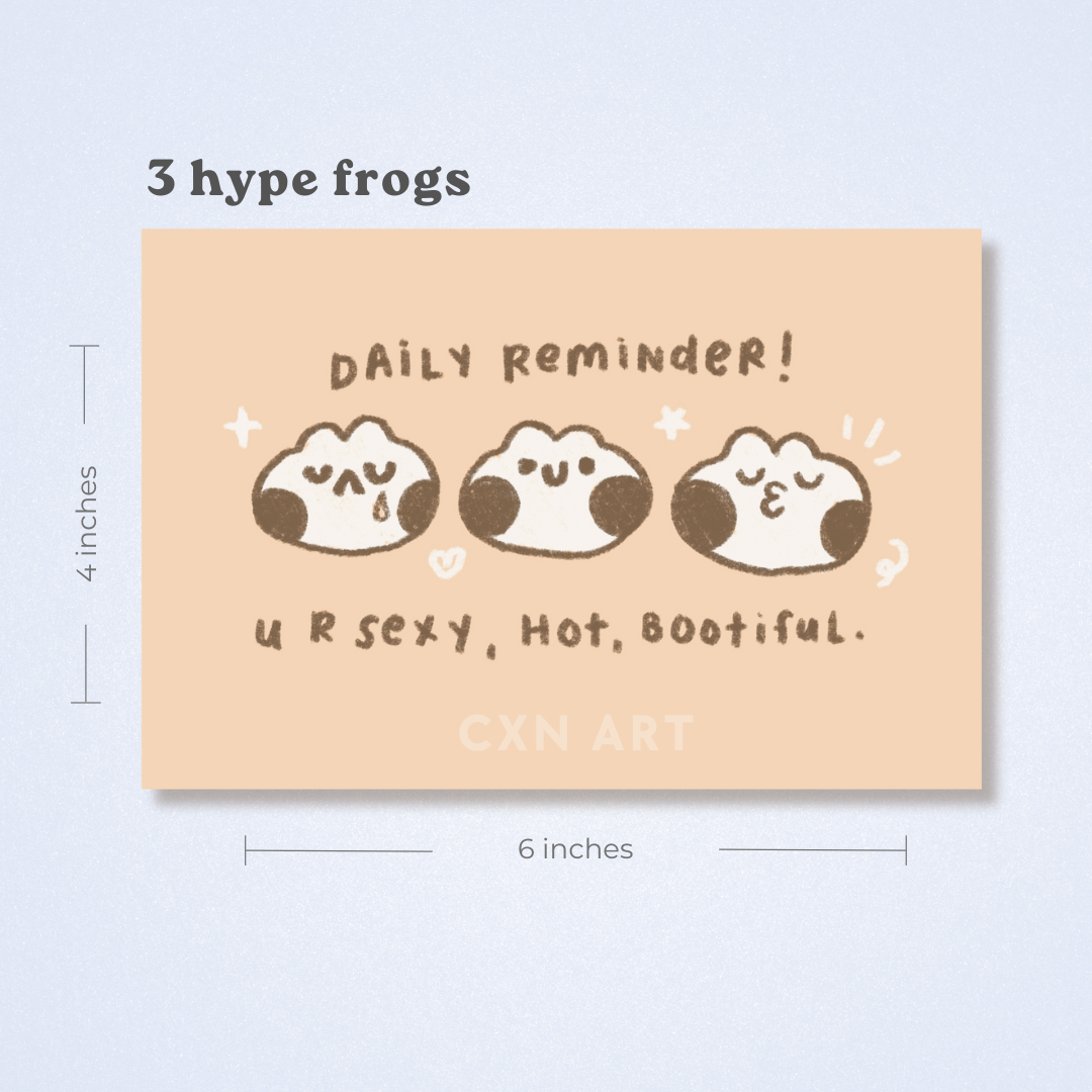 Card with cute cartoon illustrated frogs and text on a light beige background. positive affirmations. 