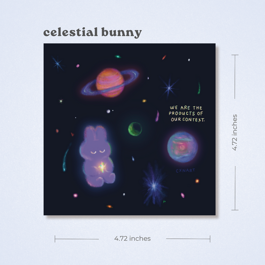 Poster with a fuzzy purple bunny in space, planets, and stars with text 'We are the products of our context.' illustration cxn art