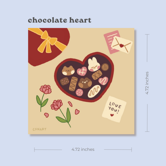 Illustration of a chocolate heart with cute animals as candies, flowers, and a gift box on a beige background.