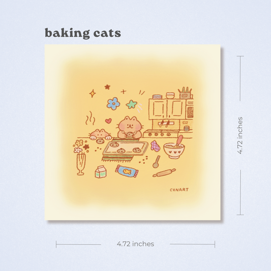 Illustration of two cozy cats baking with measurements and baking items on a warm gradient yellow background