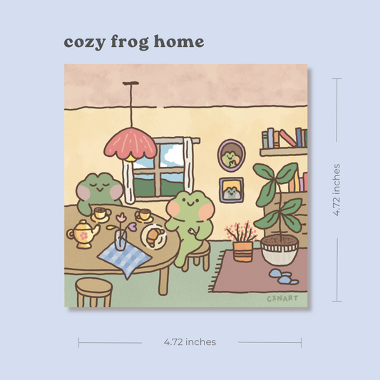 Illustration of two cozy frogs in a home setting enjoying tea and morning breakfast. illustration cxn art.
