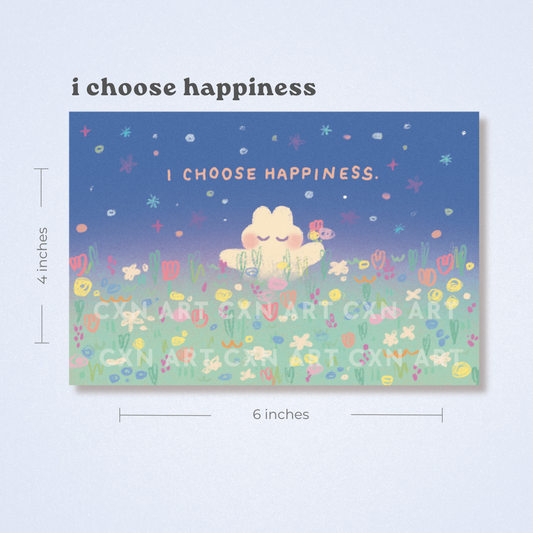 Poster with a fluffy bunny character and 'I choose happiness' text on a colorful background illustrated