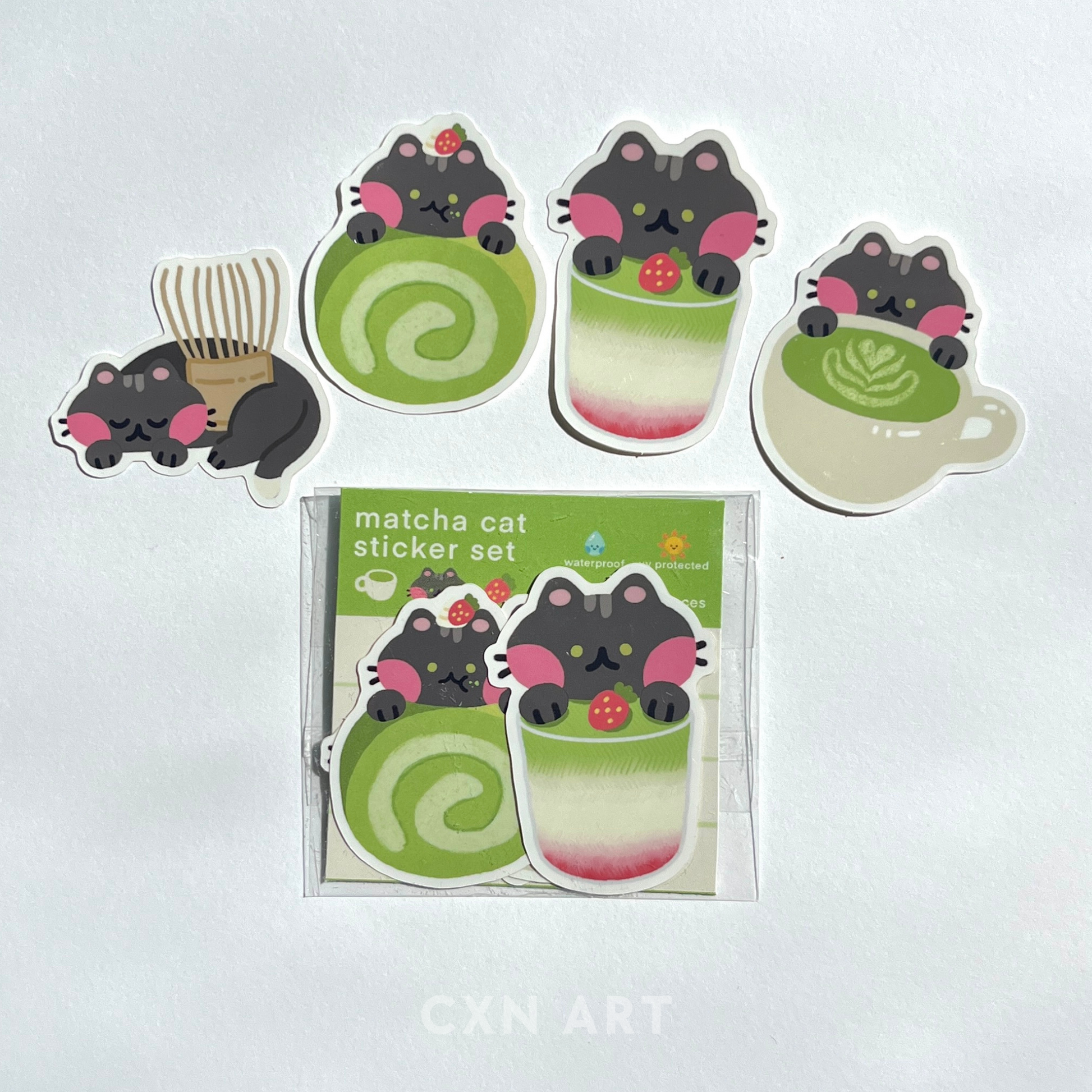 Matcha cat sticker set with packaging on a white background