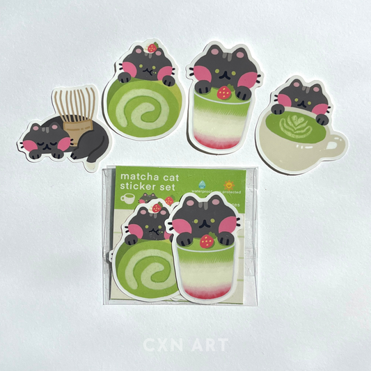 Matcha cat sticker set with packaging on a white background