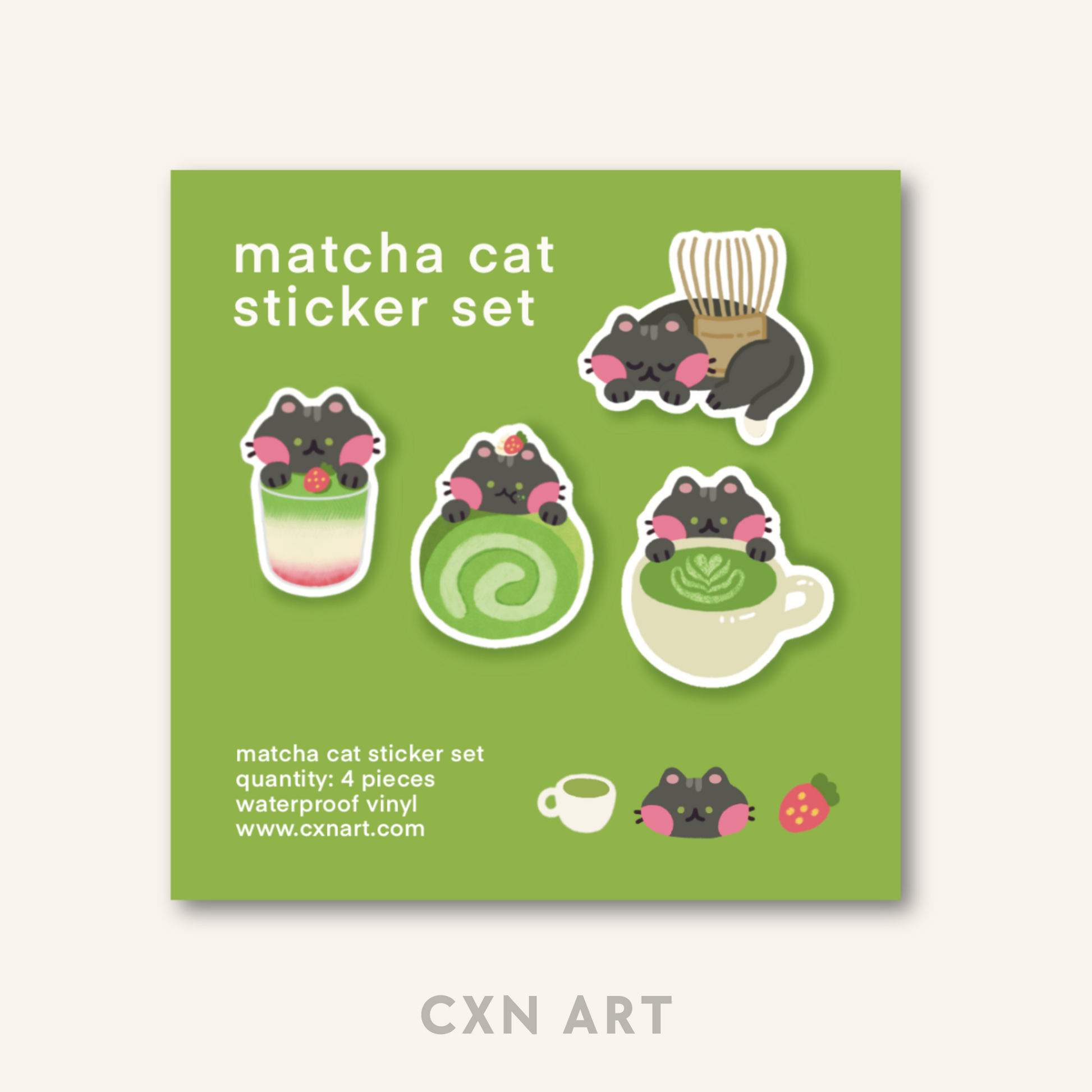 Matcha cat sticker set packaging with four stickers on a green background