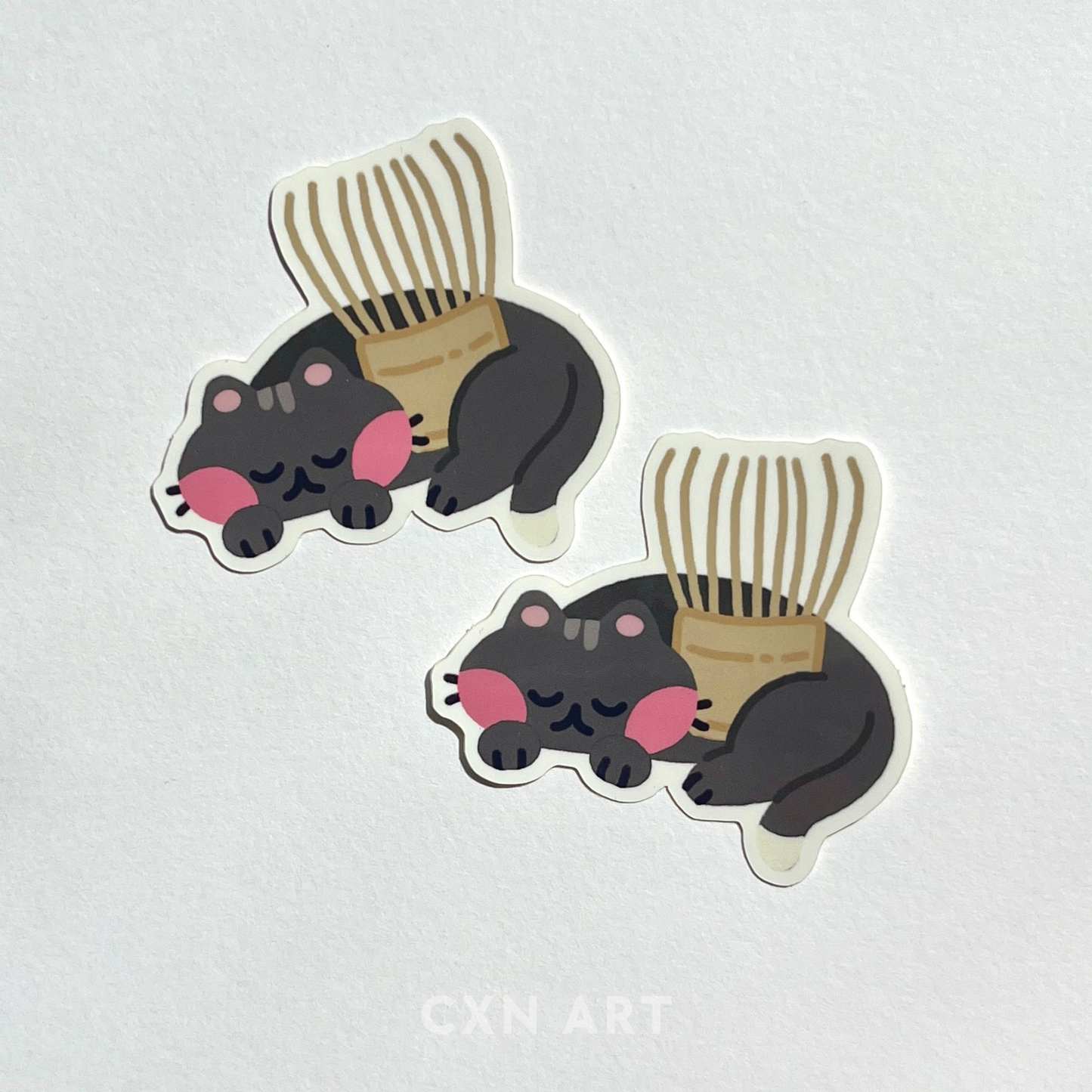 black cat with matcha bamboo whisk sticker