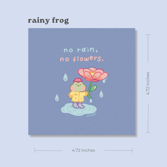 Illustration of a frog dressed in a raincoat and rain boots and rain hat holding a flower as an umbrella with raindrops, text 'no rain, no flowers', on a blue background.illustration cxnart