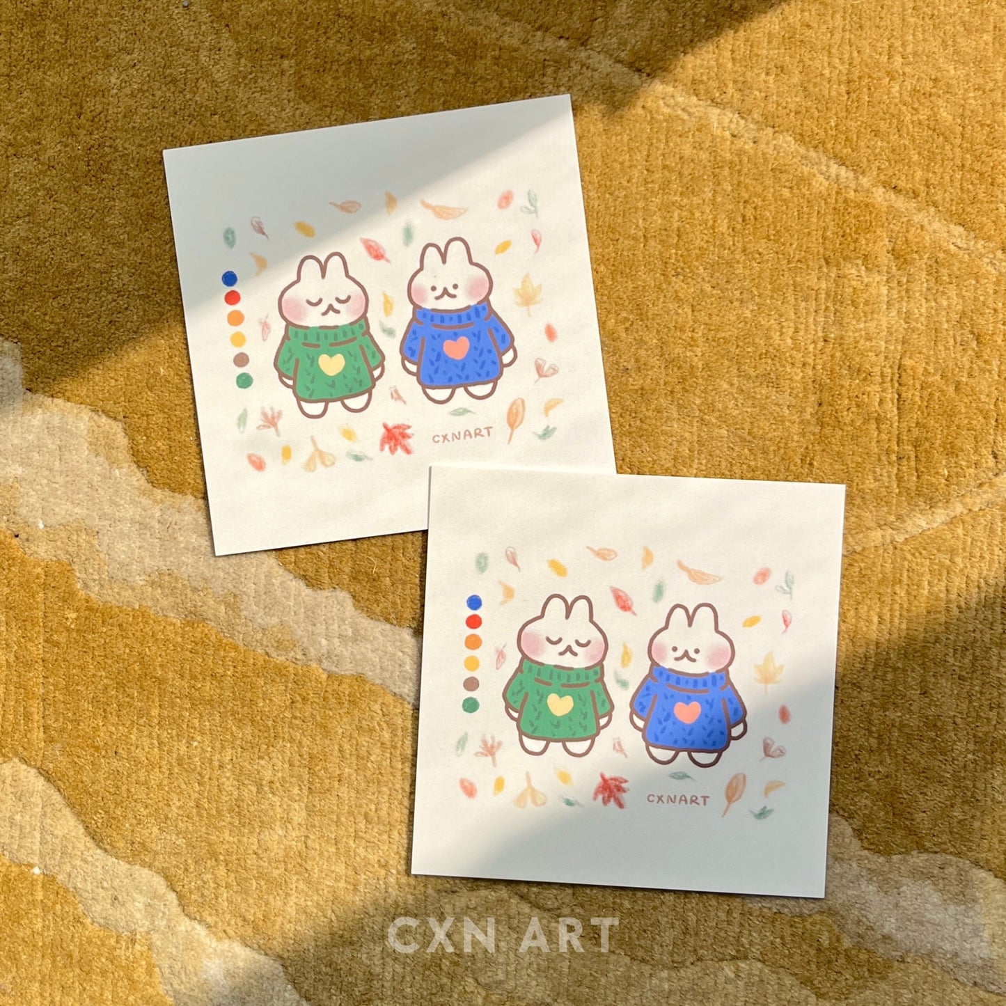autumn sweater bunnies square art print postcard - 4.72x4.72 inches