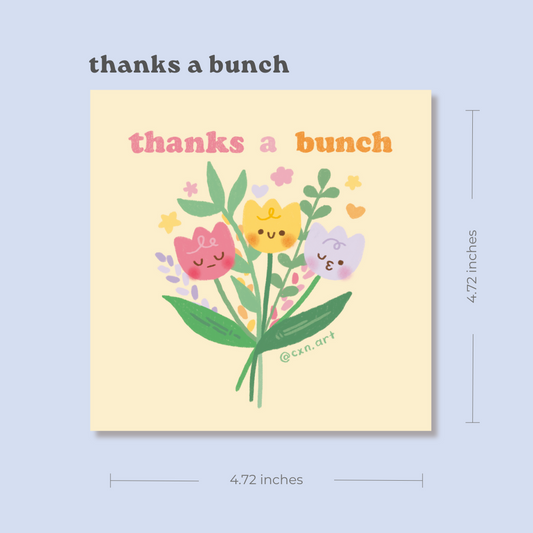 Card with illustrated cute cartoon flowers and 'thanks a bunch' text on a light pastel yellow background. punny flower joke, thank you card, gratitude, illustration cxn art