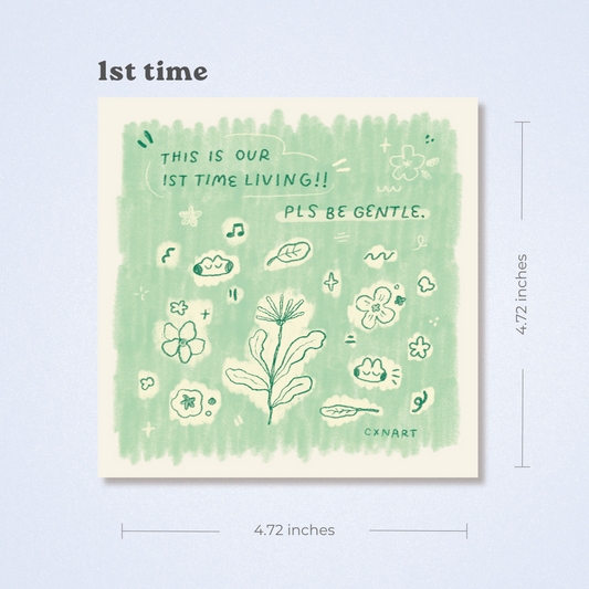 Card with green floral design and text on a light green background. gentle affirmation that it is our 1st time living. 