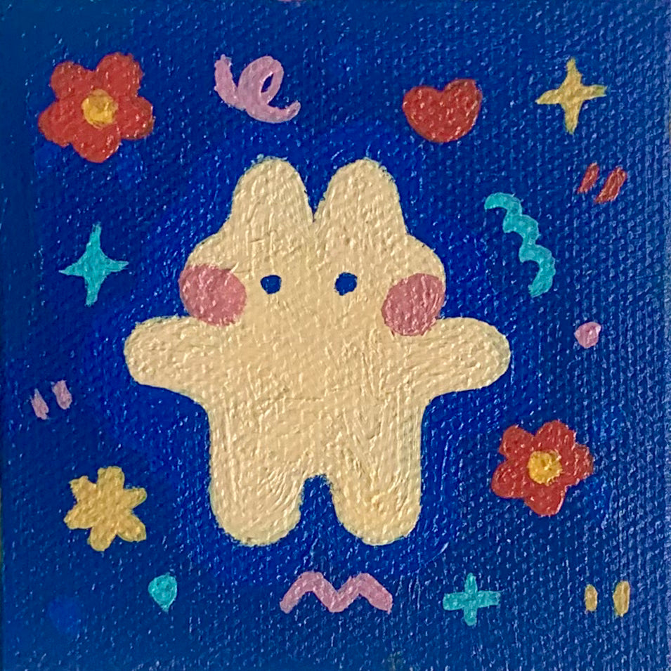 Colorful, whimsy abstract painting with a cream bunny on an ultramarine blue background