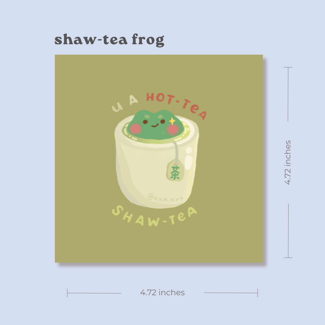 Illustration of a cheeky frog in a cup of hot tea with text 'shaw-tea frog' on a green background. illustration cxnart